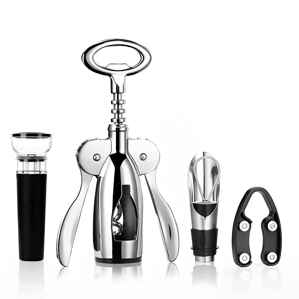 HASTHIP 4 PCS Wine Opener Stainless Steel Corkscrew Set with Vacuum Wine Stopper, Wine Foil Cutter, Wine Aaerator Pourer Wine Corkscrew Supplies Set for Kitchen Restaurant Bars Gifts for Wine Lover HASTHIP 4 PCS Wine Opener Stainless Steel Corkscrew Set with Vacuum Wine Stopper, Wine Foil Cutter, Wine Aaerator Pourer Wine Corkscrew Supplies Set for Kitchen Restaurant Bars Gifts for Wine Lover